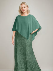 Luxurious Long Chiffon Mother of the Bride Dress with Scoop Neck and Beading Sequins
