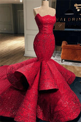 Luxurious Strapless Sleeveless Ruffles Prom Dresses | Mermaid Sexy Beads Evening Gowns BC0888