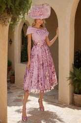 Luxurious V Neck A Line Tea Length Mother of the Bride Dress with Bow & Embroidery