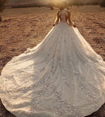 Luxury Ball Gown High-Neck Tulle Lace Long Sleeves Wedding Dress Online