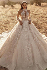 Luxury Ball Gown High-Neck Tulle Lace Long Sleeves Wedding Dress Online