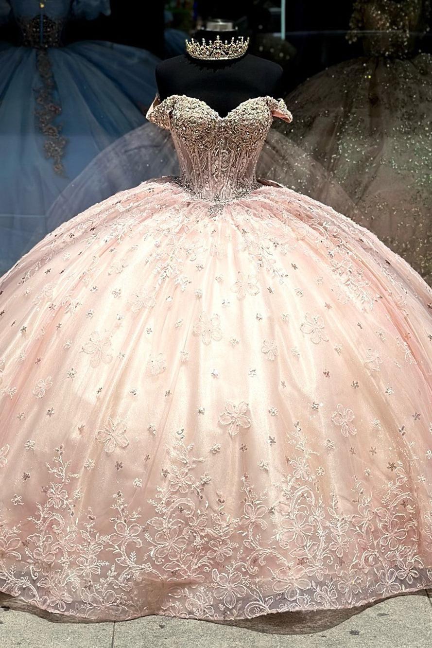 Luxury Ball Gown Off Shoulder 3D Floral Applique Beaded Pink Tulle Qui suzhoufashion Luxury Ball Gown Off Shoulder 3D Floral Applique Beaded Pink Tulle Qui suzhoufashion