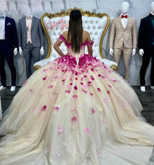 Luxury Ball Gown Off Shoulder Flowers Appliques Beaded Tulle Quinceanera Dress For Sweet 16