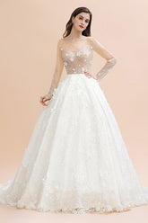 Luxury Ball Gown Tulle Lace Wedding Dress | Long Sleeves Appliques Pearls Bridal Gowns with Flowers