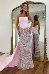 Luxury Blush Pink Strapless Prom Gown With Corset Bodice Floral Sequin Detail & Train Formal Evening Gown