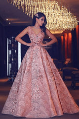 Luxury Evening Gown Flowers Puffy Pink V-Neck Beading Lace Evening Gowns