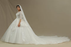 Luxury Floral Lace Bridal Gown Crew Neck Long Sleeves Aline Spring Garden Ball Gown