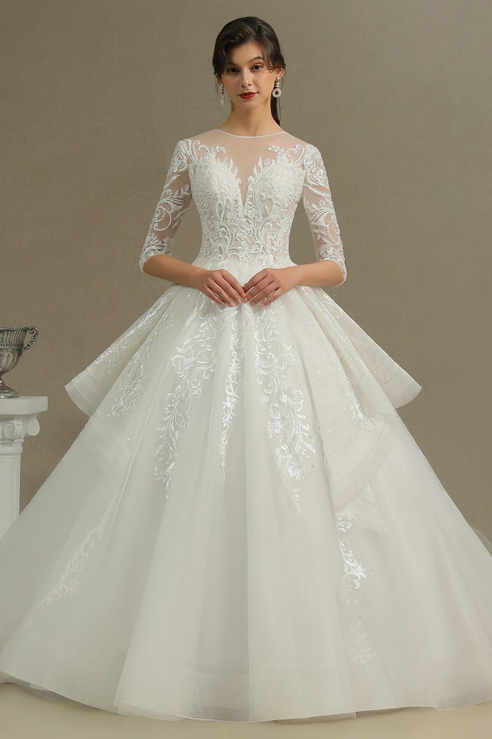Luxury Floral Lace Bridal Gown Crew Neck Long Sleeves Aline Spring Garden Ball Gown