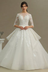 Luxury Floral Lace Bridal Gown Crew Neck Long Sleeves Aline Spring Garden Ball Gown