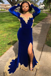 Luxury Front-Split Royal Blue Velvet Mermaid Prom Dresses With Long Sleeves