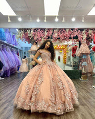 Luxury & Glamorous Ball Gown Off Shoulder Sleeveless 3D Flowers Lace Appliques Champagne Tulle Princess Evening Party Dress Quinceanera Dresses For Sweet 16