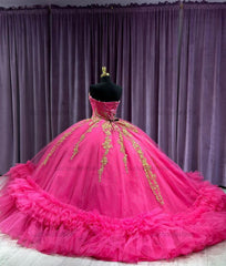 Luxury & Glamorous Ball Gown Strapless Gold Lace Appliques Tiered Ruffle Beaded Hot Pink Tulle Quinceanera Dress Birthday Party Gown For Sweet 16