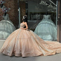 Luxury & Glamorous Ball Gown Sweetheart Neck Sleeveless Lace Applique Beaded Champagne Sequins Quinceanera Dress For Sweet 16