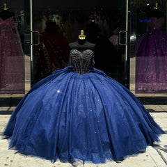 Luxury & Glitter Ball Gown Off Shoulder Beaded Bow Knot Dark Navy Tulle Quinceanera Dress Princess Party Gown For Sweet 16