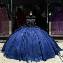 Luxury & Glitter Ball Gown Off Shoulder Beaded Bow Knot Dark Navy Tulle Quinceanera Dress Princess Party Gown For Sweet 16