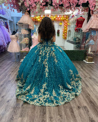 Luxury & Gorgeous Ball Gown V Neck Straps Gold Lace Appliques Sequined Beaded Hunter Green Tulle Quinceanera Dresses Princess Evening Party Gown For Sweet 16 Dress