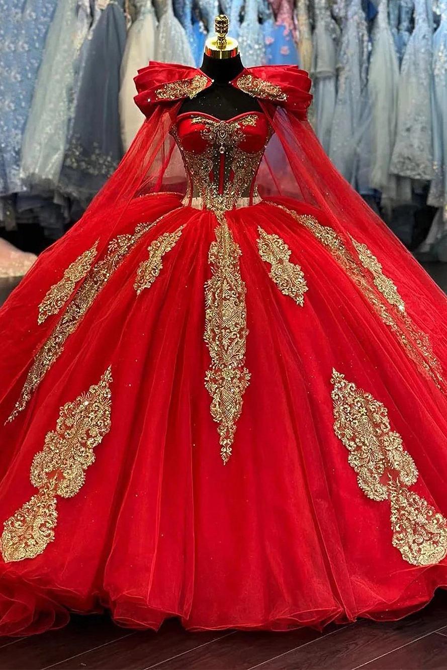 gold birthday dress long sleeve Luxury & Gorgeous Sweetheart Neck Long Sleeves Gold Appliques Red Tulle Quinceanera Dress Birthday Party Gown For Sweet 16