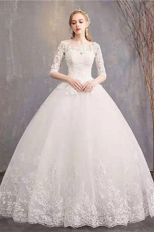 Luxury Half Sleeves Jewel Tulle Lace Appliques Ball Gown Wedding Dresses