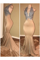 Luxury Halter Mermaid Prom Dresses Sleeveless Applique Lace Evening Gowns BA7774