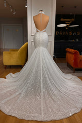 Luxury Long Mermaid Halter Beading Sleeveless Bridal Dress With Pearls