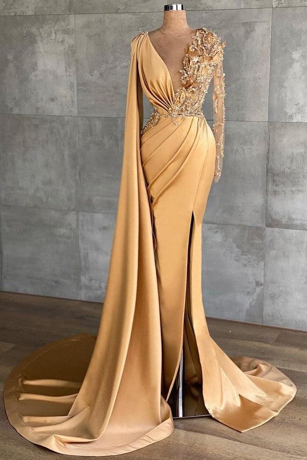 Luxury Long Sleeves Rose Gold Appliques Ruffles Split Mermaid Evening Dresses | Suzhoufashion Luxury Long Sleeves Rose Gold Appliques Ruffles Split Mermaid Evening Dresses | Suzhoufashion