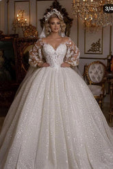 Luxury Long Sleeves Tulle Crystal Ball Gown Wedding Dresses