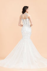 Luxury Mermaid Wedding Dress | Tulle Lace Sequins Sleeveless Bridal Gowns with Pearls