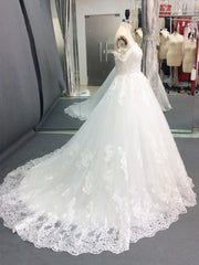 Luxury Off The Shoulder Tulle Lace White Ball Gown Wedding Dresses