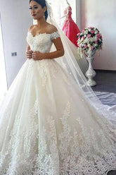 Luxury Off The Shoulder Tulle Lace White Ball Gown Wedding Dresses