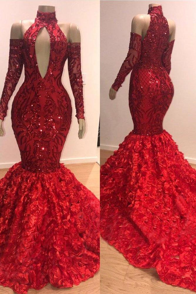 Luxury Sequins Mermaid Red Prom Dresses | Floral Long-Sleeves Evening Dresses with Sleeves MQ0 BC0767