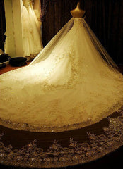 Luxury Strapless Tulle Lace Beading A-Line Wedding Dresses Long