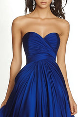 Maxi A Line Royal Blue Wedding Guest Dress Pleated Asymmetric Chiffon Strapless Formal Dress