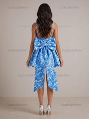 Mediterranean Blue Toile Square Neck Homecoming Mini Dress with Trailing Bow