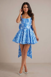 Suzhoufashion Mediterranean Blue Toile Square Neck Homecoming Mini Dress with Trailing Bow