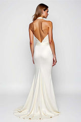 Mermaid Backless White Halter Long Formal Dress