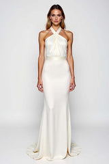 Mermaid Backless White Halter Long Formal Dress