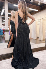 Mermaid Black Prom Dress Beaded Corset Long Formal Dress With Slit