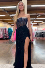 Mermaid Black Prom Dress Spaghetti Straps Corset Long Formal Dress With Slit