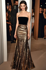 Mermaid Black Wedding Guest Dress Golden Strapless Formal Dress