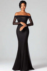 Mermaid Black Wedding Guest Dress Off The Shoulder Formal Dress With Mesh Long Sleeves