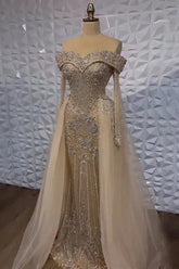 Off the Shoulder Long Sleeves Long Evening Formal Dress With Beading Tulle
