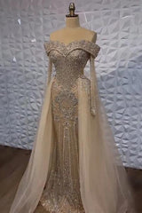 Off the Shoulder Long Sleeves Long Evening Formal Dress With Beading Tulle