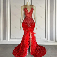 Mermaid Formal Dresses with Sequins Sleeveless Split Beadings and Feather Embellishments