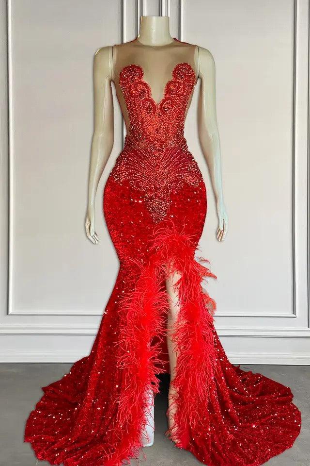 Mermaid Formal Dresses with Sequins Sleeveless Split Beadings and Feather Embellishments