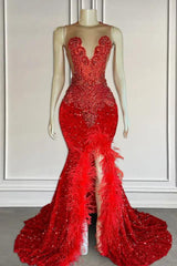 Mermaid Formal Dresses with Sequins Sleeveless Split Beadings and Feather Embellishments