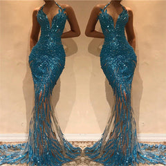 Mermaid Illusion Blue Sequins Evening Dresses | Halter Sleeveless Sexy Prom Dresses