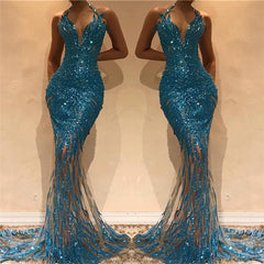Mermaid Illusion Blue Sequins Evening Dresses | Halter Sleeveless Sexy Prom Dresses