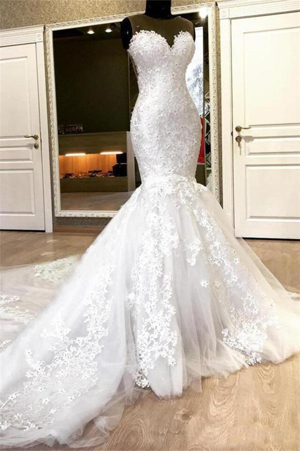 Mermaid Lace Appliques Sexy Sheer Tulle Wedding Dresses with Court Train Mermaid Lace Appliques Sexy Sheer Tulle Wedding Dresses with Court Train