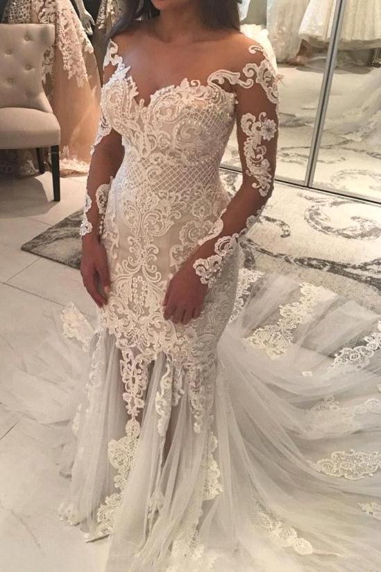 Mermaid Lace Appliques Sexy Tulle Wedding Dress | Long Sleeve Bride Dress With Long Train