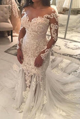 Mermaid Lace Appliques Sexy Tulle Wedding Dress | Long Sleeve Bride Dress With Long Train